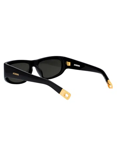 Jacquemus Rectangle Frame Sunglasses In 01 Black/ Yellow Gold/ Grey