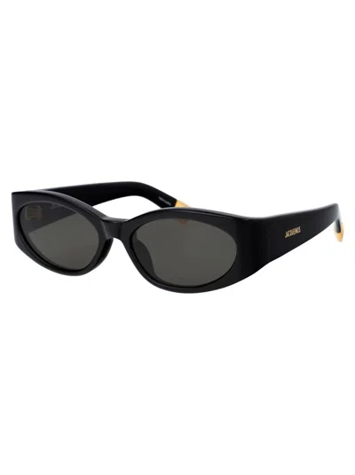 Shop Jacquemus Sunglasses In 01 Black/ Yellow Gold/ Grey
