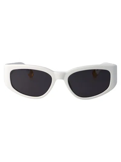 Shop Jacquemus Sunglasses In 02 White/ Yellow Gold/ Grey