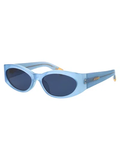 Shop Jacquemus Sunglasses In 05 Blue Pearl/ Yellow Gold/ Green