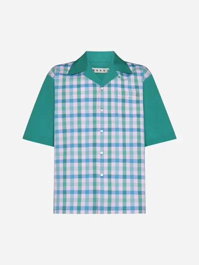 Shop Marni Gingham Cotton Shirt In Green,multicolor