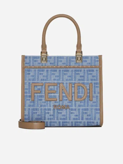 Shop Fendi Sunshine Ff Denim Small Tote Bag In Light Blue,sand