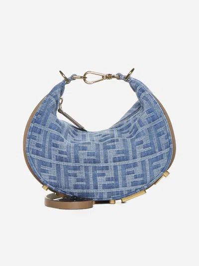 Shop Fendi Graphy Ff Denim Mini Bag In Light Blue,sand