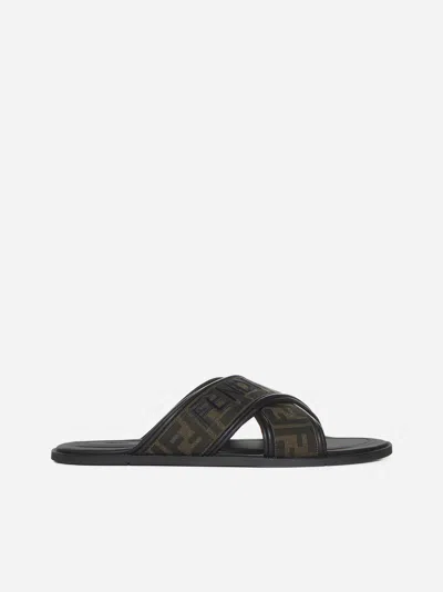 Shop Fendi Ff Canvas Slide Sandals In Brown,black