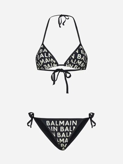 Shop Balmain Logo-tape Triangle Bikini In Black,ivory