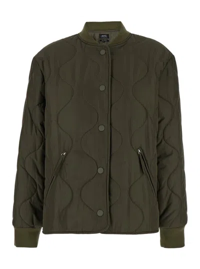Shop Apc 'camila' Military Green Jacket With Snap Buttons In Quilted Fabric Woman