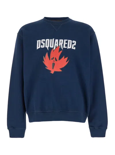 Shop Dsquared2 Blue Crewneck Sweatshirt With Screaming Maple In Cotton Man