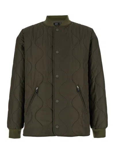 Shop Apc 'florent' Military Green Jacket With Snap Buttons In Quilted Fabric Man