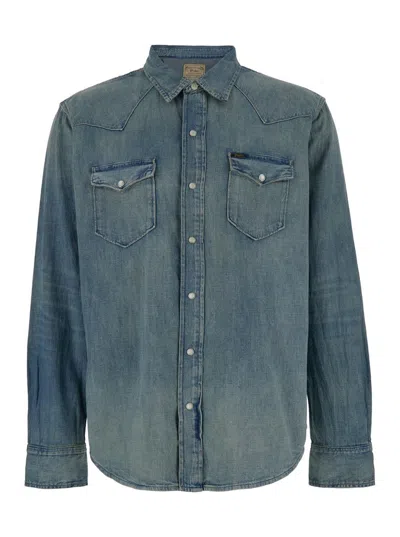 Shop Polo Ralph Lauren Light Blue Cowboy Style Shirt With Buttons In Cotton Denim Man