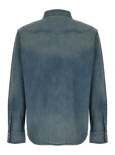 Shop Polo Ralph Lauren Light Blue Cowboy Style Shirt With Buttons In Cotton Denim Man