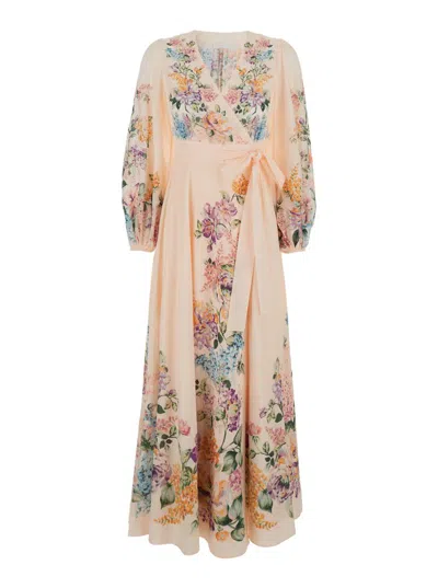 Shop Zimmermann Pink Long Wrap Dress In Cotton Woman In Multicolor