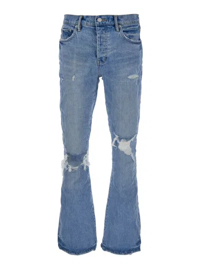 Shop Purple Brand Light Blue Flared Jeans With Rips In Cotton Denim Man