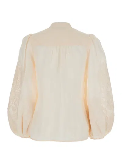 Shop Zimmermann White Blouse With Embroidery And Puffed Sleeves In Linen Woman In Beige
