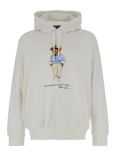 Shop Polo Ralph Lauren White Hoodie With Bear Print In Cotton Blend Man