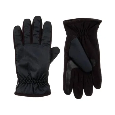 Isotoner Men's Nylon & Fleece Gloves With Gathered Wrist In Black In Black