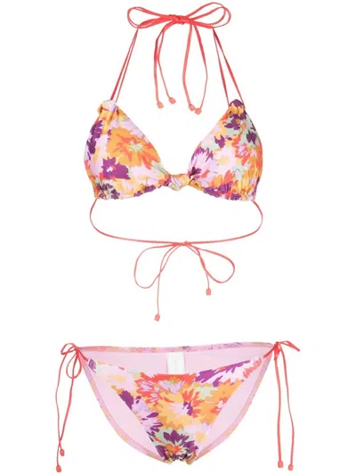 Shop Zimmermann Violet Knotted Tie Straps Two Piece Bikini Swimsuit In Mustard Multi Floral