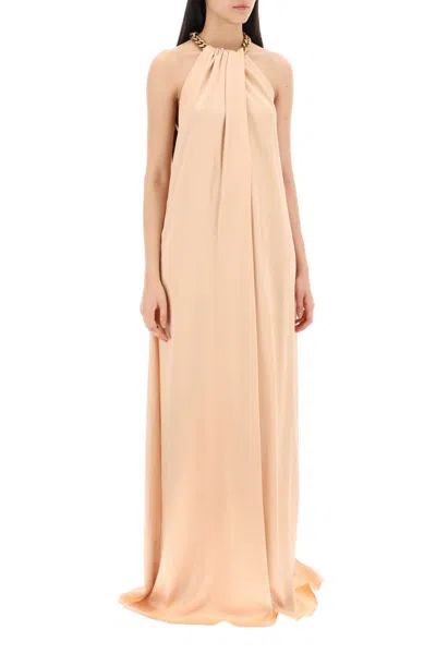 Shop Stella Mccartney Maxi Satin Dress With Necklace In Rosa