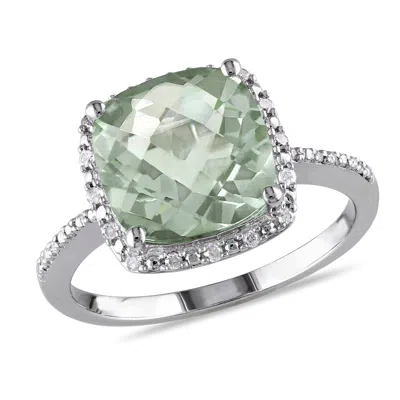 Mimi & Max 4ct Tgw Cushion Cut Green Quartz And 1/10ct Tdw Diamond Halo Ring In Sterling Silver In Green