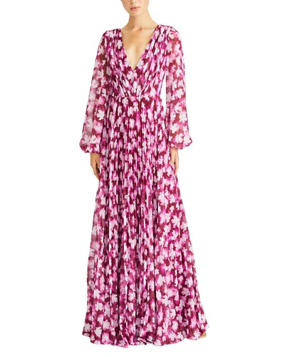 ml Monique Lhuillier Melanie Pleated Floral-print Chiffon Gown In Black