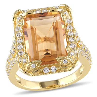 Mimi & Max 7 3/5ct Tgw Emerald Cut Citrine, White Topaz And Diamond Halo Leaf Ring Yellow Sterling Silver In Yellow