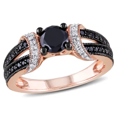 Mimi & Max 1ct Tw Black And White Diamond Double Band Engagement Ring In 10k Rose Gold With Black Rhodium In Black