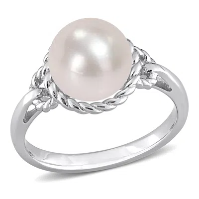 Mimi & Max 9-9.5mm White Cultured Freshwater Pearl Rope Frame Ring In Sterling Silver In White