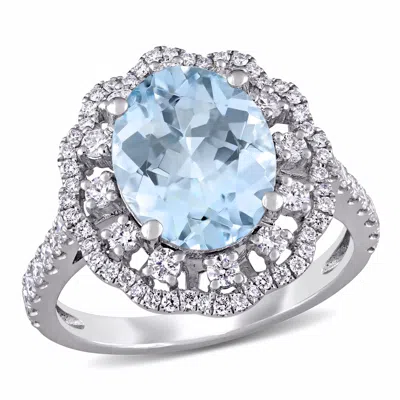 Mimi & Max 2 3/4ct Tgw Oval-cut Aquamarine And 3/4ct Tw Diamond Halo Ring In 14k White Gold In Multi