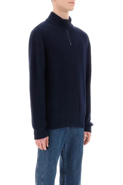 Shop Apc Men's Blue English Ribbed Cotton Knit Sweater With Partial Zipper Placket