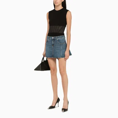 Shop Alexander Mcqueen Blue Denim Miniskirt With Leather Patch And Back Ruffles For Women