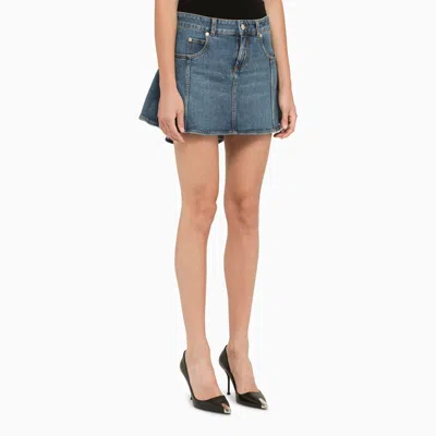 Shop Alexander Mcqueen Blue Denim Miniskirt With Leather Patch And Back Ruffles For Women