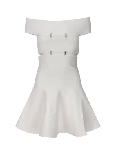 Alexander Mcqueen White Off-the-shoulders Mini Dress With D Rings In Viscose Blend Knit Woman In White