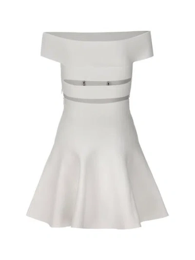 Alexander Mcqueen White Off-the-shoulders Mini Dress With D Rings In Viscose Blend Knit Woman In White