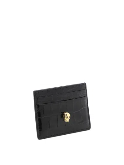 Shop Alexander Mcqueen Black Croc Leather Card Holder With Gold Skull Detail