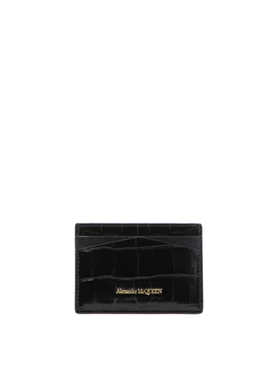 Shop Alexander Mcqueen Black Croc Leather Card Holder With Gold Skull Detail
