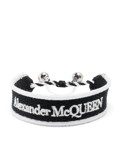 Shop Alexander Mcqueen Black Logo-embroidered Bracelet For Men