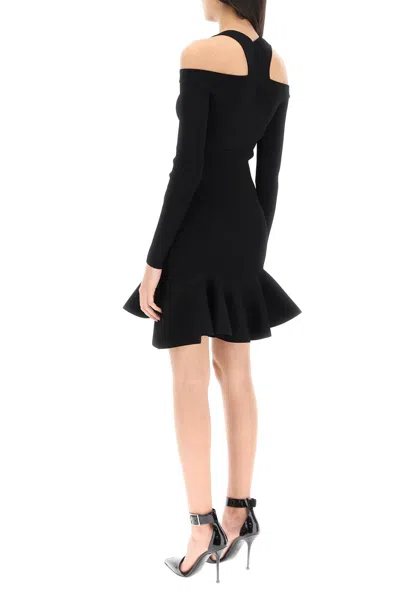 Shop Alexander Mcqueen Black Ribbed Knit Off-shoulder Mini Dress For Women