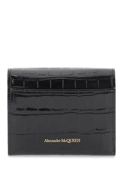 Shop Alexander Mcqueen Compact Crocodile Print Skull Wallet For Women In Black