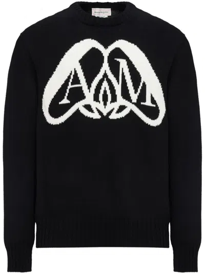 Shop Alexander Mcqueen Elegant Logo Intarsia Cotton Sweatshirt For Men In Black And White