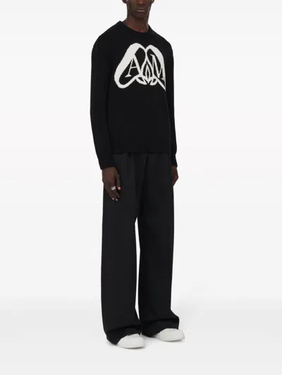 Shop Alexander Mcqueen Elegant Logo Intarsia Cotton Sweatshirt For Men In Black And White