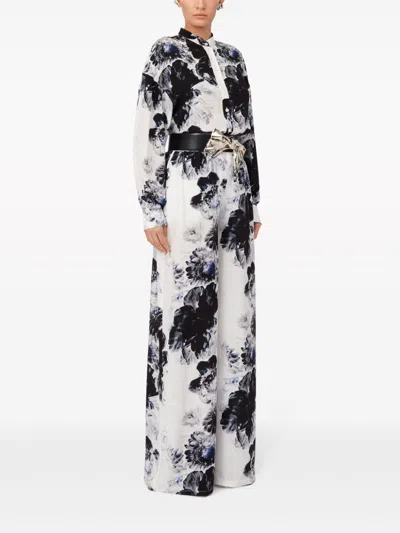 Shop Alexander Mcqueen Floral Printed Silk High-waisted Wide Leg Trousers In Blue