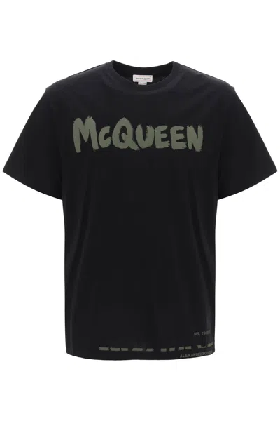 Shop Alexander Mcqueen Graffiti Print T-shirt In Black And Khaki For Men