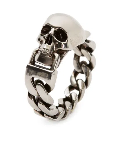 Shop Alexander Mcqueen Gray Skull Chain Ring For Men With Antique-effect Hardware