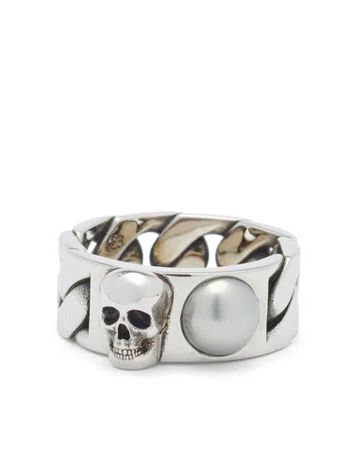 Shop Alexander Mcqueen Skl & Pearl Ring In Silver