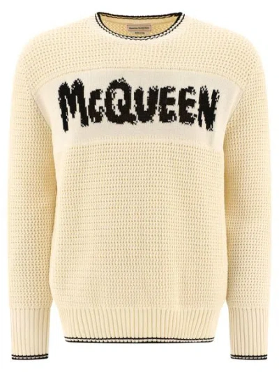 Shop Alexander Mcqueen Luxurious Off-white Logo Embroidered Sweater For Men In Vanilla