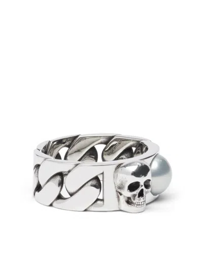 Shop Alexander Mcqueen Skl & Pearl Ring In Silver