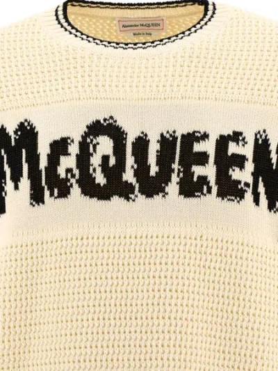 Shop Alexander Mcqueen Luxurious Off-white Logo Embroidered Sweater For Men In Vanilla