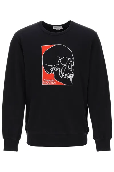 Shop Alexander Mcqueen Men's Black Crew-neck Sweatshirt With Skull Embroidered