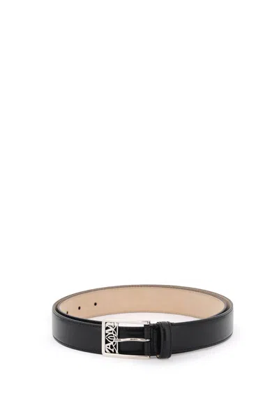 Shop Alexander Mcqueen Men's Black Perforated Seal Leather Belt For Ss24