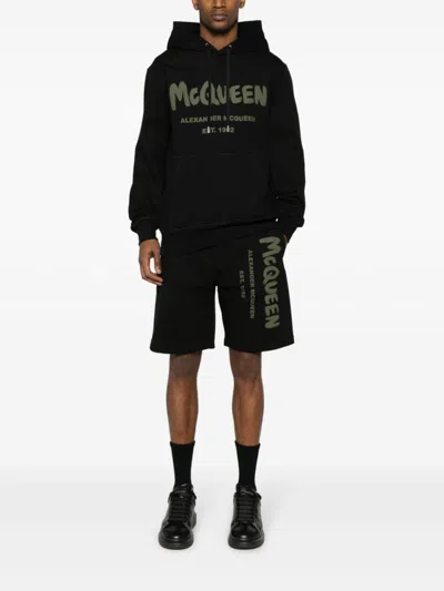 Shop Alexander Mcqueen Men's Logo-print Cotton Shorts In Navy Blue/green In Black