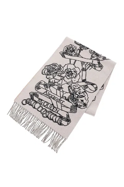 Shop Alexander Mcqueen Reversible Wool Scarf With Iconic Design And Floral Motif In Multicolor